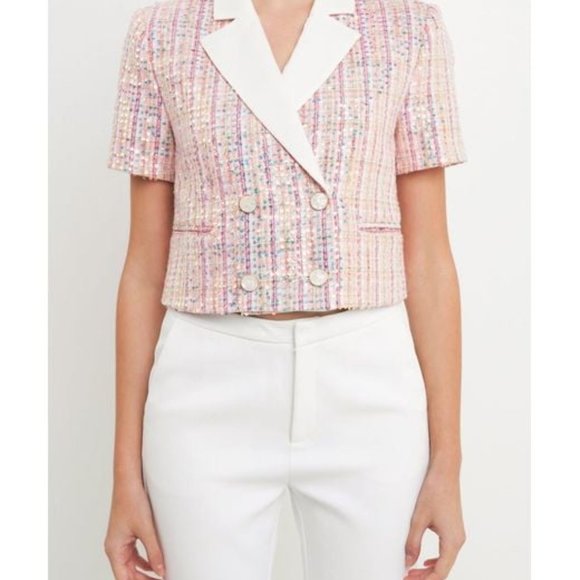 NWT Endless Rose Cropped Blazer Top Barbie Pink Sequin - Picture 2 of 2